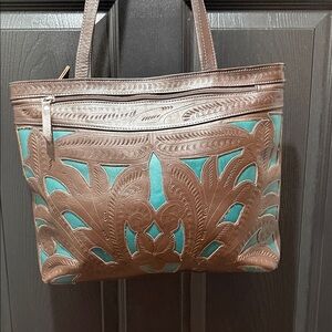 Leaders in Leather Brown and Teal Leather Shoulder Bag